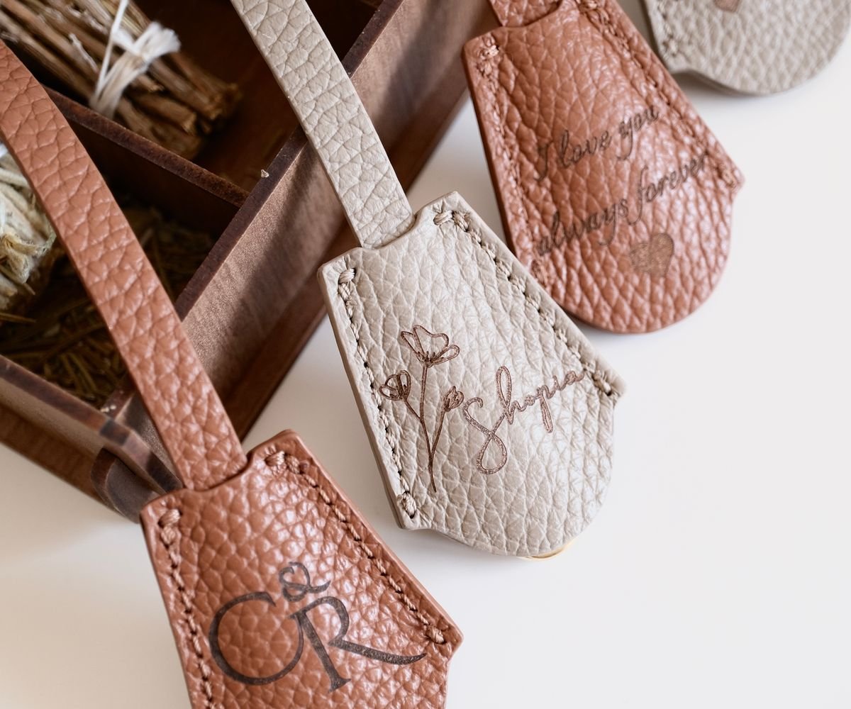 Leather gift tags individually engraved with names and monograms