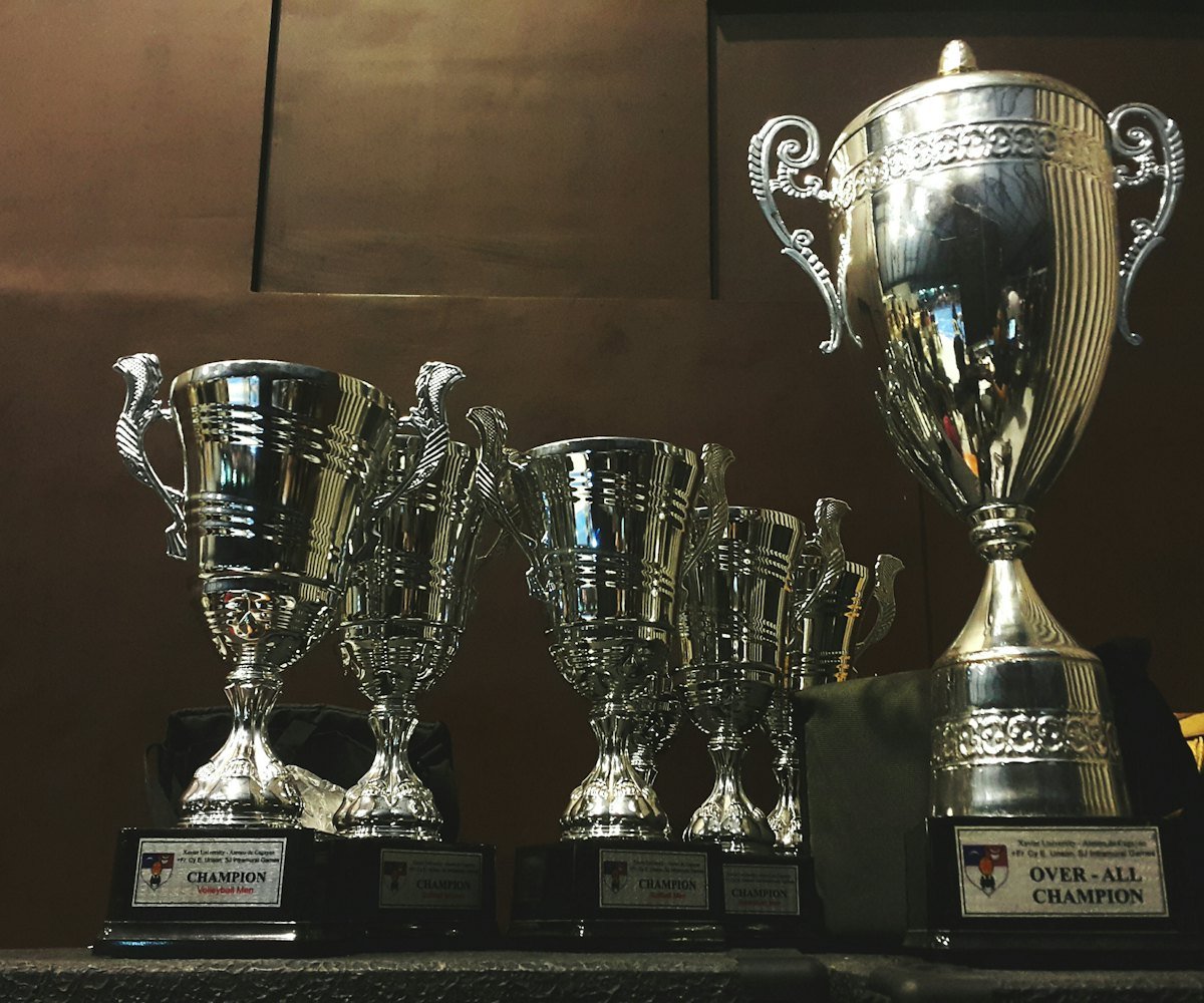 A row of gold and silver trophies awaiting presentation